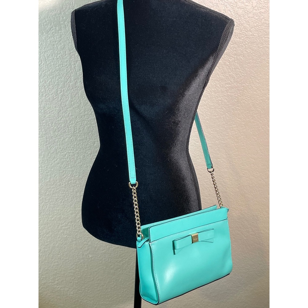Kate Spade Montford Park Teal Small Crossbody Bag Bow Leather Chain Strap Chic